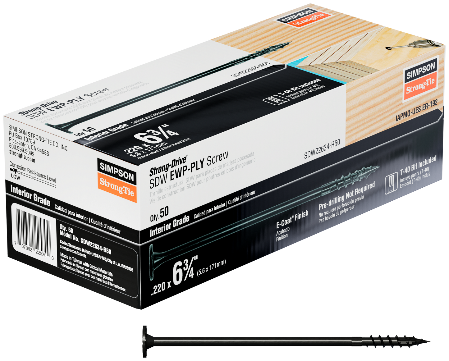 Simpson Strong-Tie SDW22634-R50 Strong-Drive® SDW™ EWP-PLY Screw — .220 in. x 6-3/4 in. T40 6-Lobe, E-coat® (50-Qty) (Pack of 320)