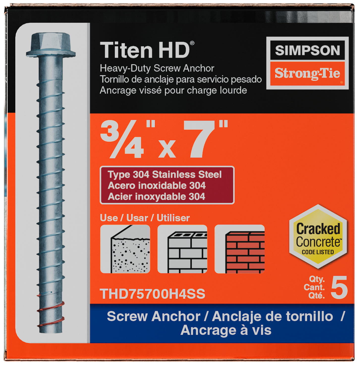 Simpson Strong-Tie THD75700H4SS Titen HD® 3/4 in. x 7 in. Type 304 Stainless Steel Heavy-Duty Screw Anchor (5-Qty) (Pack of 252)