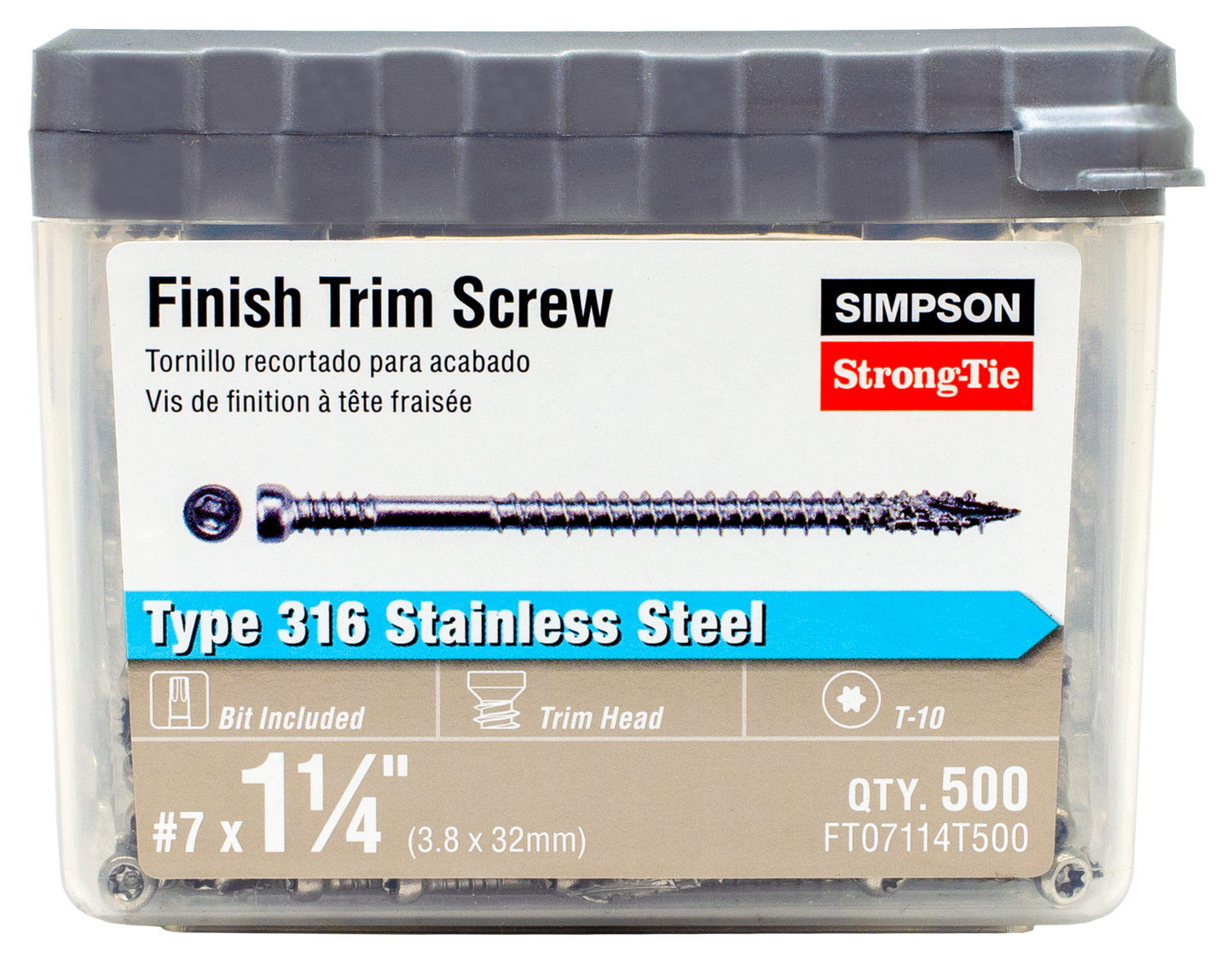 Simpson Strong-Tie FT07114T500 Finish Trim Screw — #7 x 1-1/4 in. T10, Trim-Head, Type 316 (500-Qty) (Pack of 6)