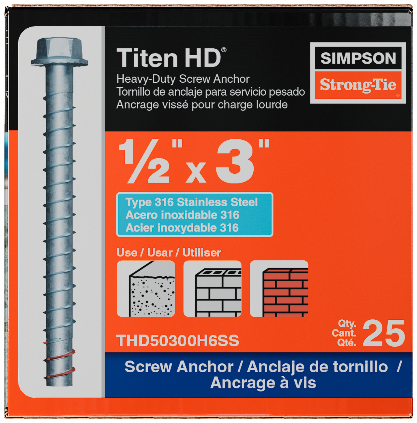 Simpson Strong-Tie THD50300H6SS Titen HD® 1/2 in. x 3 in. Type 316 Stainless Steel Heavy-Duty Screw Anchor (25-Qty) (Pack of 300)