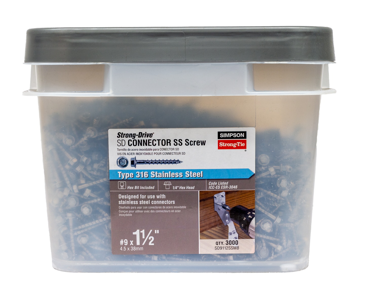 Simpson Strong-Tie SD9112SSMB Strong-Drive® SD CONNECTOR SS Screw — #9 x 1-1/2 in. 1/4-Hex Drive, Type 316 (3000-Qty) (Pack of 64)