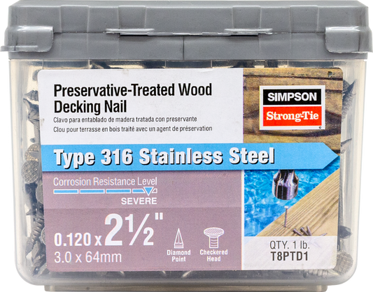 Simpson Strong-Tie T8PTD1 Preservative-Treated Wood Decking Nail, Ring Shank — 2-1/2 in. x .120 in. Type 316 (1 lb.)