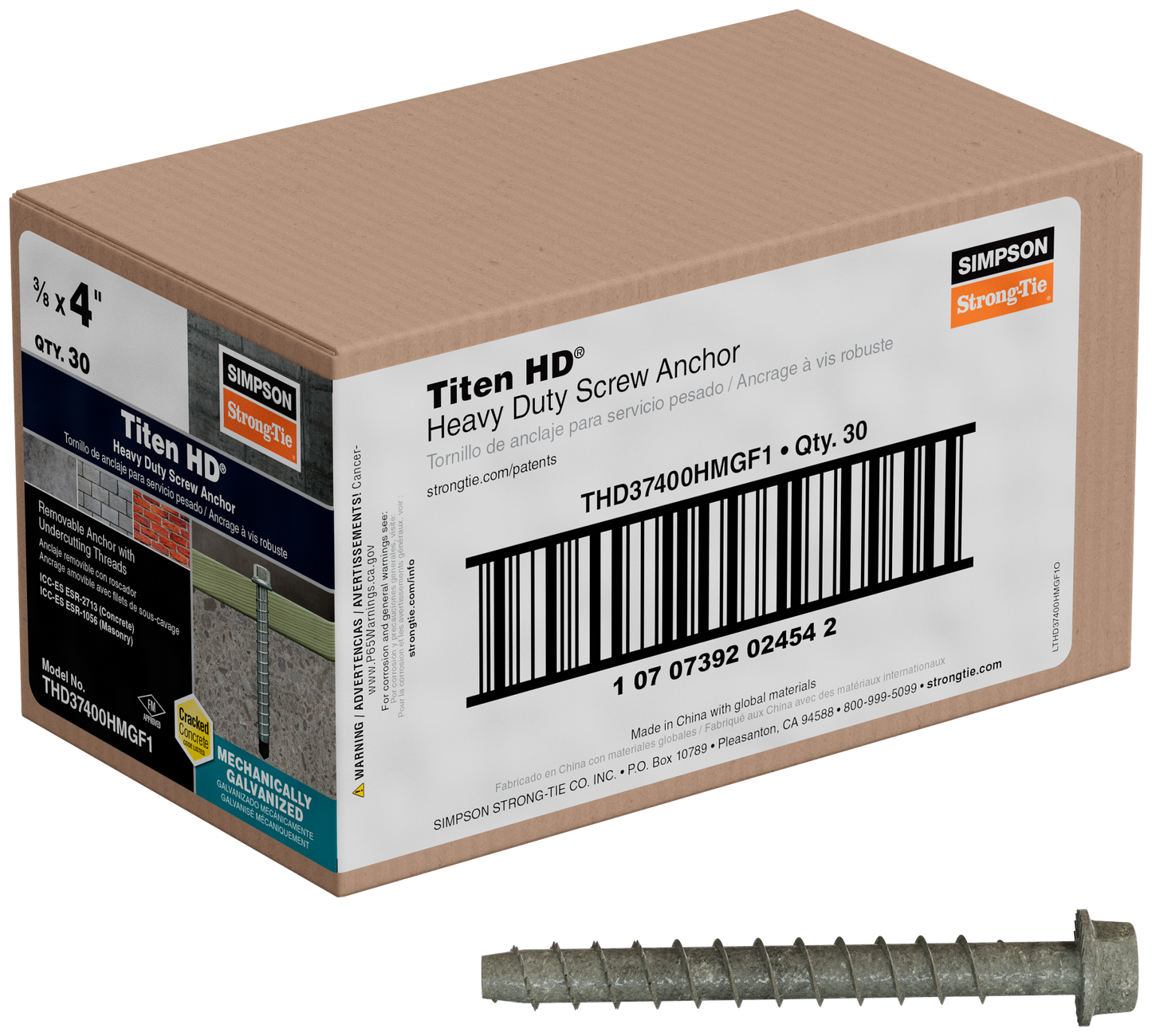Simpson Strong-Tie THD37400HMGF1 Titen HD® 3/8 in. x 4 in. Mechanically Galvanized Heavy-Duty Screw Anchor (Pack of 14880)