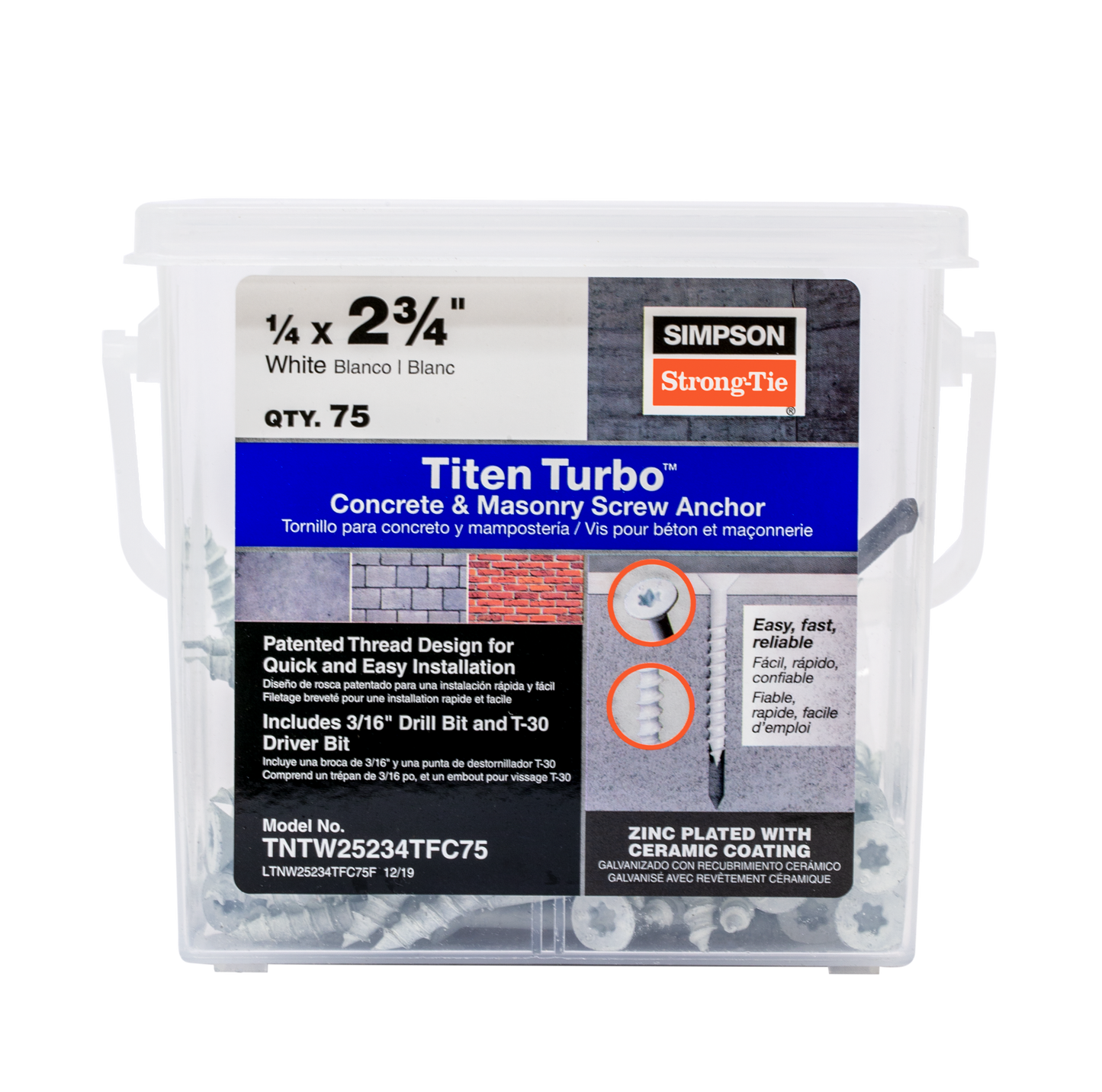 Simpson Strong-Tie TNTW25234TF Titen Turbo™ — 1/4 in. x 2-3/4 in. 6-Lobe Flat-Head Concrete and Masonry Screw, White (100-Qty)