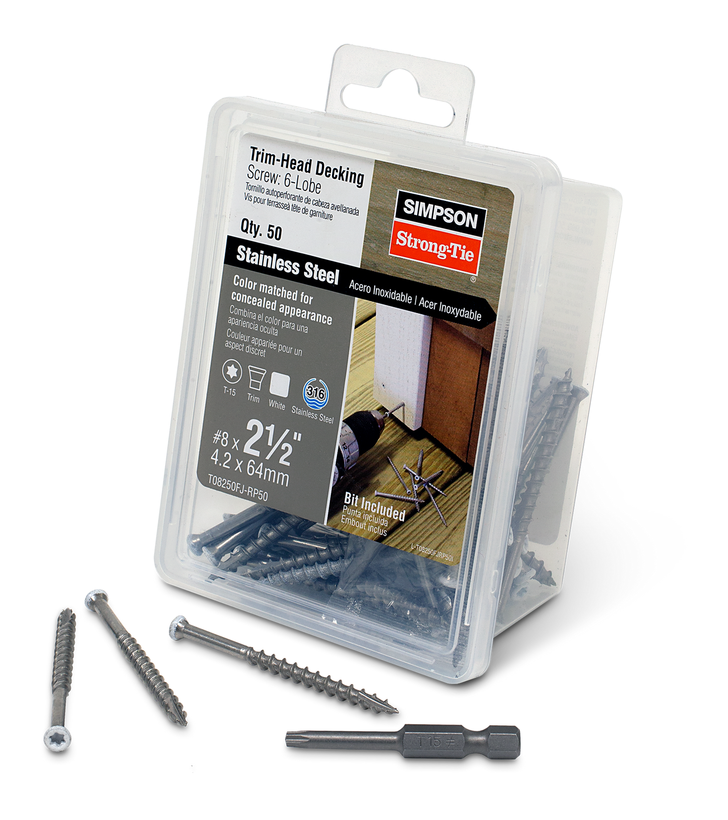 Simpson Strong-Tie T08250FJ-RP50 Trim-Head Screw, 6-Lobe Drive — #8 x 2-1/2 in. T-15 Type 316, White 01 (50-Qty) (Pack of 600)
