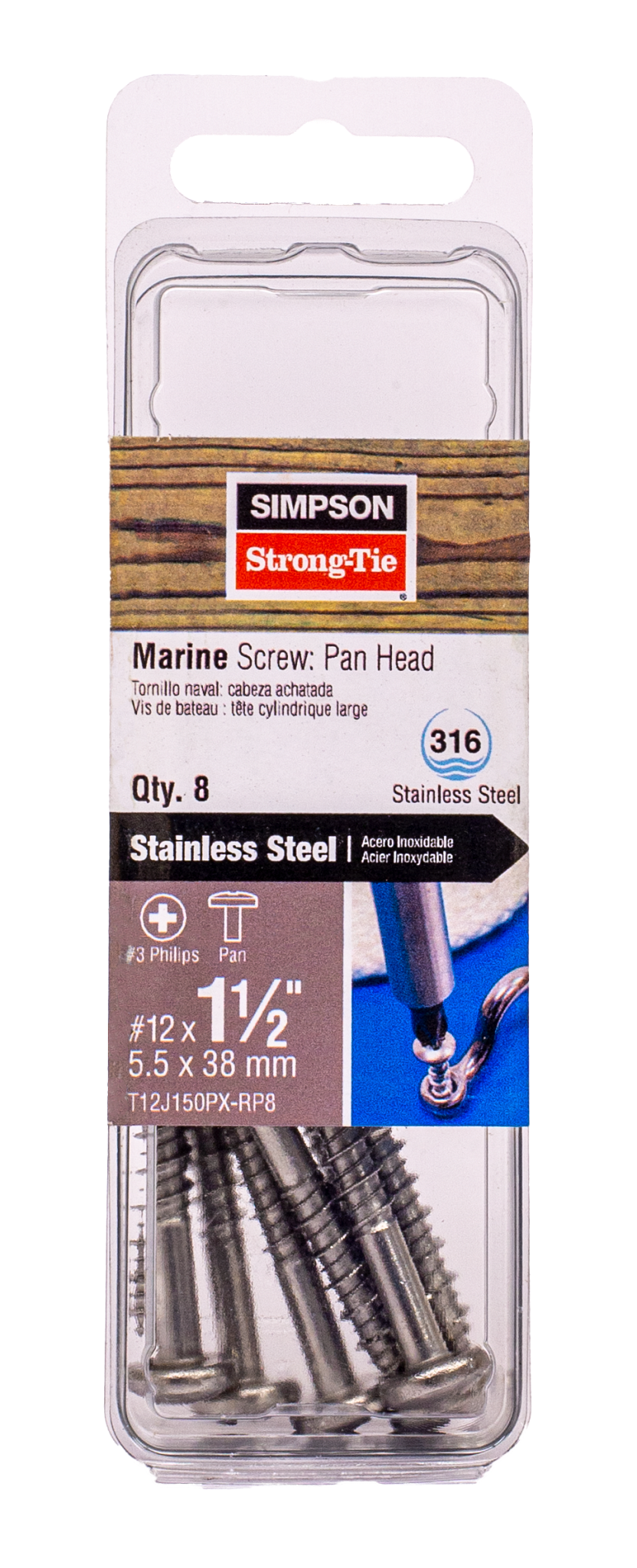 Simpson Strong-Tie T12J150PX-RP8 Marine Screw, Pan Head — #12 x 1-1/2 in. #3 Phillips Drive, Type 316 (8-Qty) (Pack of 3240)