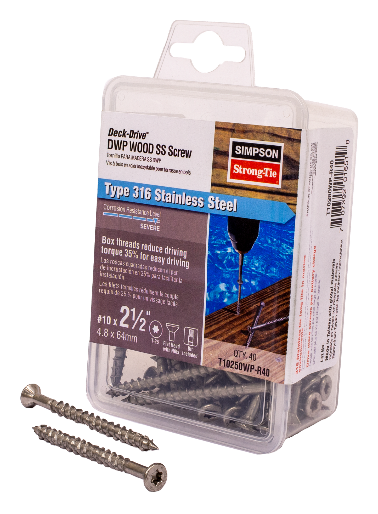 Simpson Strong-Tie T10250WP-R40 Deck-Drive™ DWP WOOD SS Screw — #10 x 2-1/2 in. T25, Flat Head, Type 316 (40-Qty) (Pack of 750)