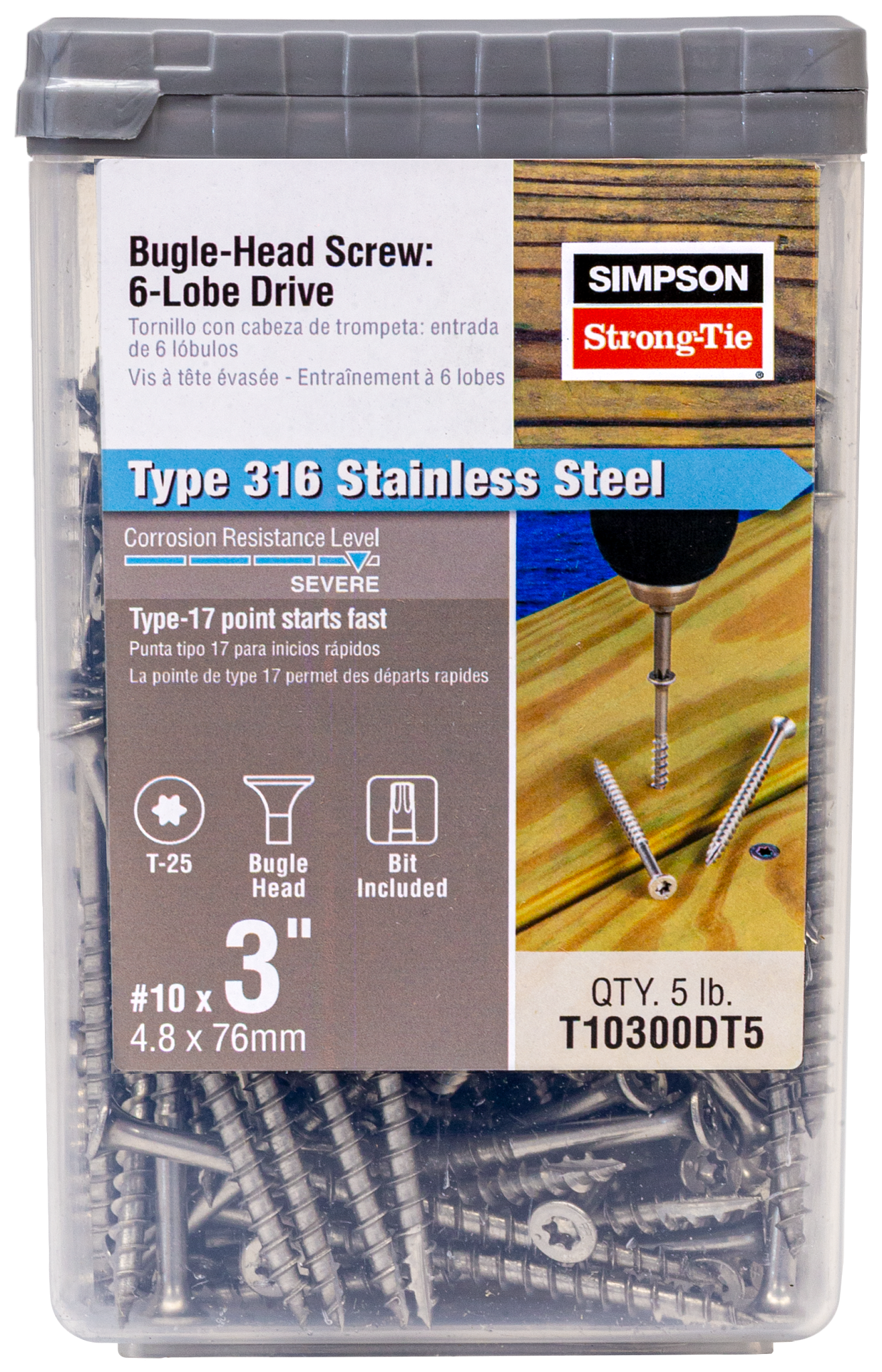 Simpson Strong-Tie T10300DT5 Bugle-Head Wood Screw, 6-Lobe Drive — #10 x 3-in. T25, Type 316 (5 lb.)