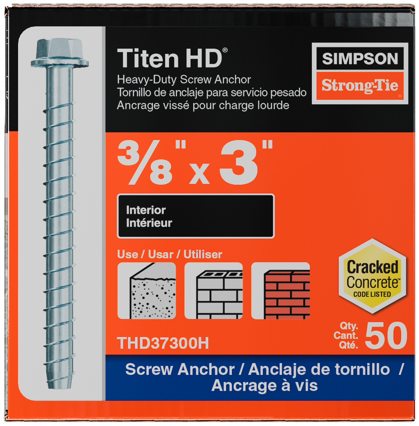 Simpson Strong-Tie THD37300H Titen HD® 3/8 in. x 3 in. Heavy-Duty Screw Anchor (50-Qty) (Pack of 4)