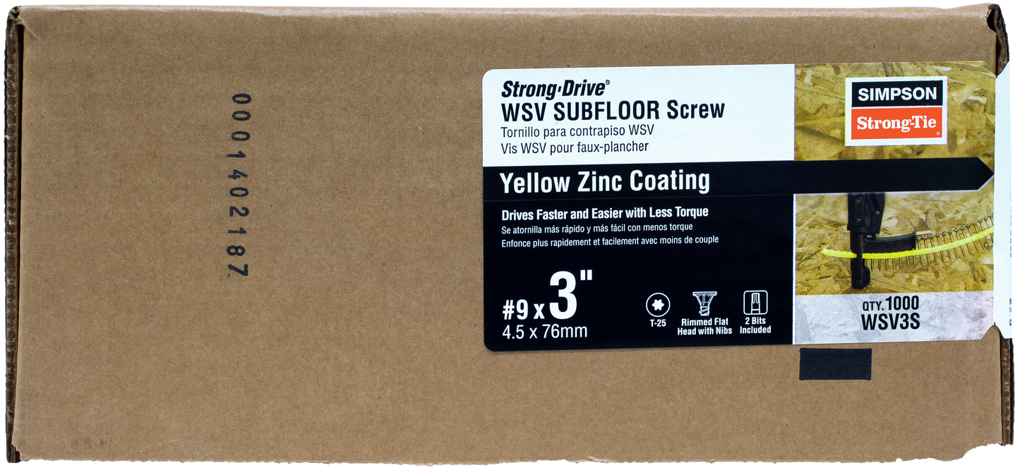 Simpson Strong-Tie WSV3S Strong-Drive® WSV SUBFLOOR Screw (Collated) — #9 x 3 in. T25, Yellow Zinc (1000-Qty) (Pack of 100)
