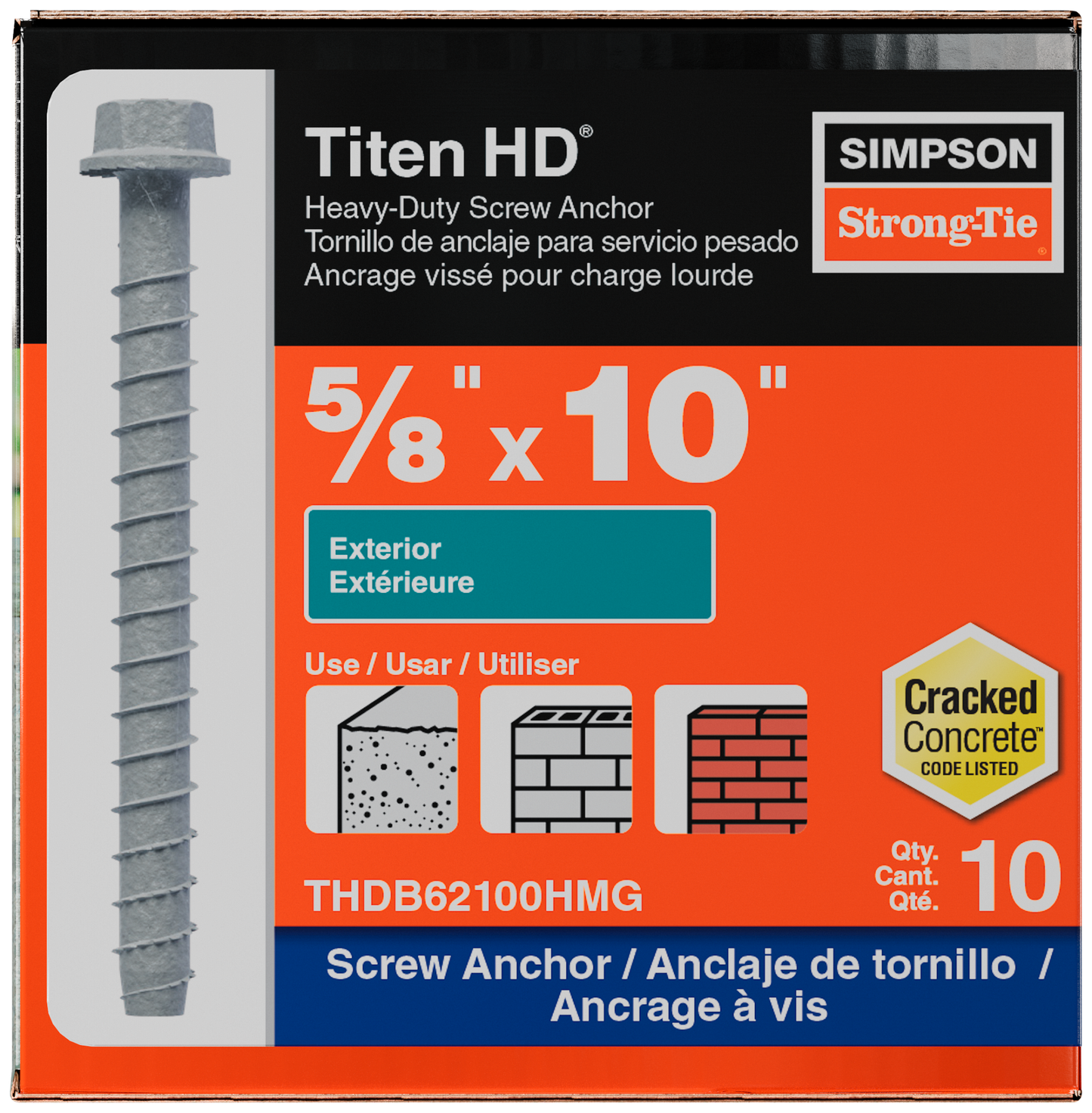 Simpson Strong-Tie THDB62100HMG Titen HD® 5/8 in. x 10 in. Mechanically Galvanized Heavy-Duty Screw Anchor (10-Qty) (Pack of 2)