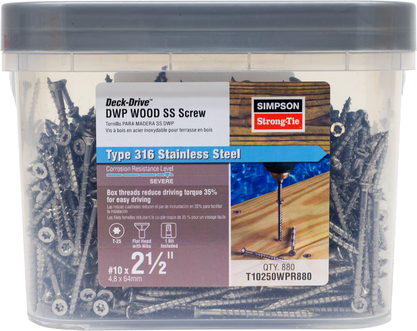 Simpson Strong-Tie T10250WPR880 Deck-Drive™ DWP WOOD SS Screw — #10 x 2-1/2 in. T25, Flat Head, Type 316 (880-Qty)