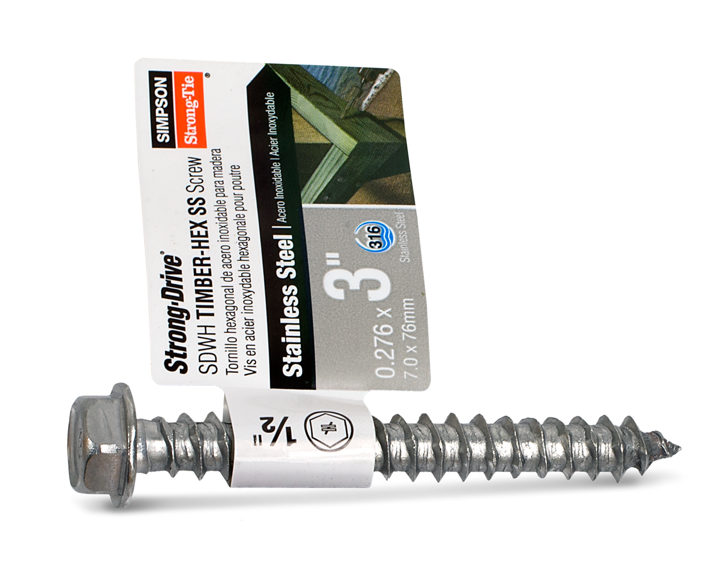 Simpson Strong-Tie SDWH27300SS-RP1 Strong-Drive® SDWH™ TIMBER-HEX SS Screw — 0.275 in. x 3 in. 1/2 Hex, Type 316 (Pack of 9000)