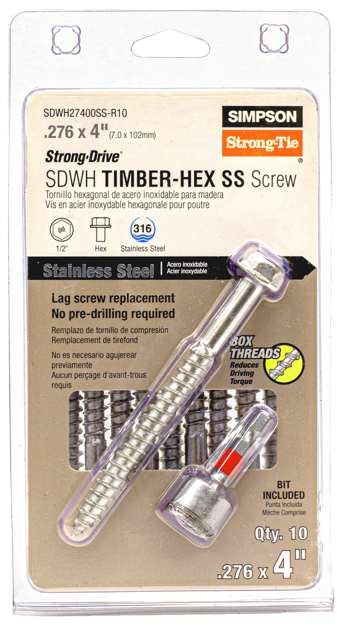 Simpson Strong-Tie SDWH27400SS-R10 Strong-Drive® SDWH™ TIMBER-HEX SS Screw — 0.275 in. x 4 in. 1/2 Hex, Type 316 (10-Qty) (Pack of 6)