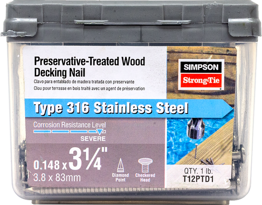 Simpson Strong-Tie T12PTD1 Preservative-Treated Wood Decking Nail, Ring Shank — 3-1/4 in. x .148 in. Type 316 (1 lb.) (Pack of 800)