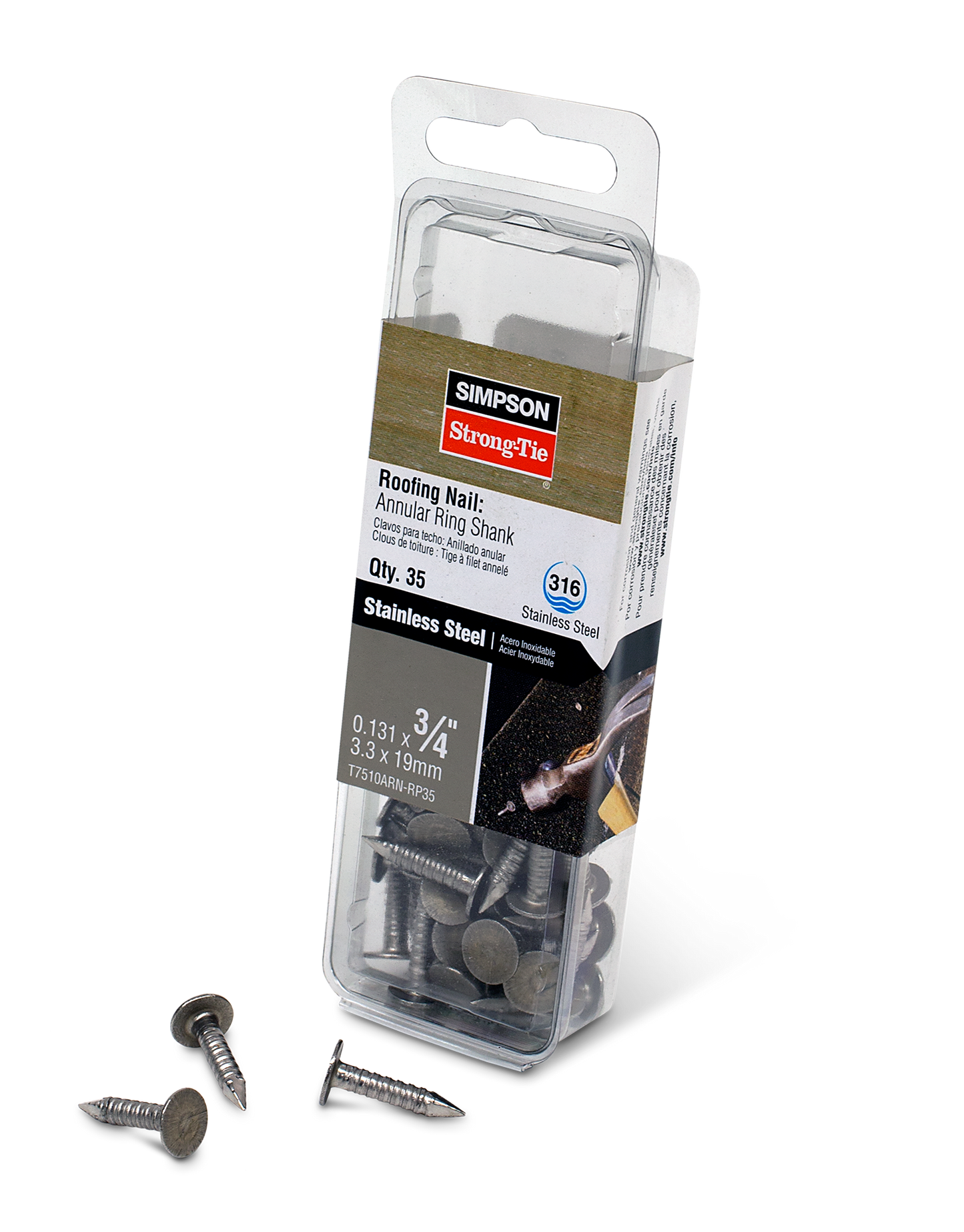 Simpson Strong-Tie T7510ARN-RP35 Roofing Nail, Annular Ring Shank — 3/4-in. x .131-in. Type 316 Stainless Steel (35-Qty)