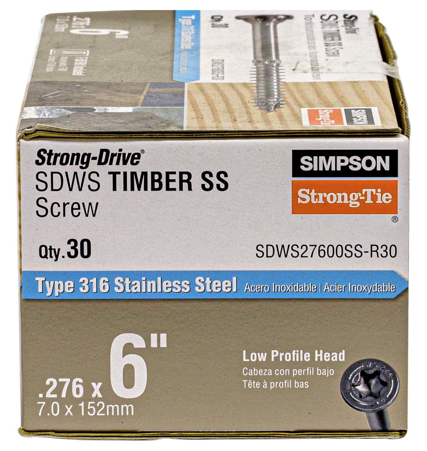 Simpson Strong-Tie SDWS27600SS-R30 Strong-Drive® SDWS™ TIMBER Screw — 0.275 in. x 6 in. T50, Type 316 (30-Qty)