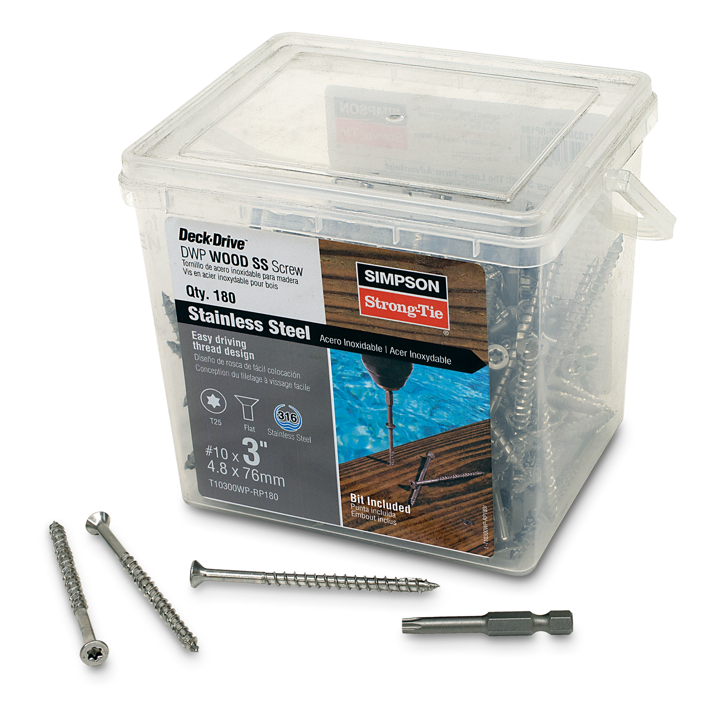 Simpson Strong-Tie T10300WP-RP180 Deck-Drive™ DWP WOOD SS Screw — #10 x 3 in. T25, Flat Head, Type 316 (180-Qty)