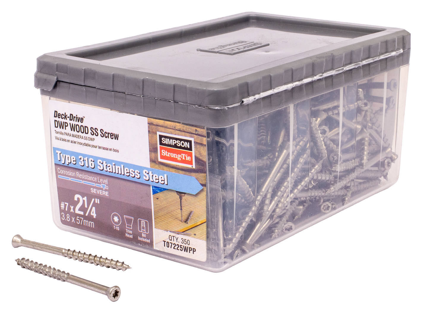 Simpson Strong-Tie T07225WPP Deck-Drive™ DWP WOOD SS Screw — #7 x 2-1/4 in. T-15, Trim Head, Type 316 (350-Qty) (Pack of 600)