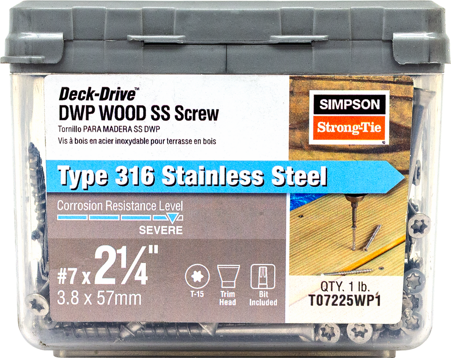 Simpson Strong-Tie T07225WP1 Deck-Drive™ DWP WOOD SS Screw — #7 x 2-1/4 in. T-15, Trim Head, Type 316 (1 lb.)