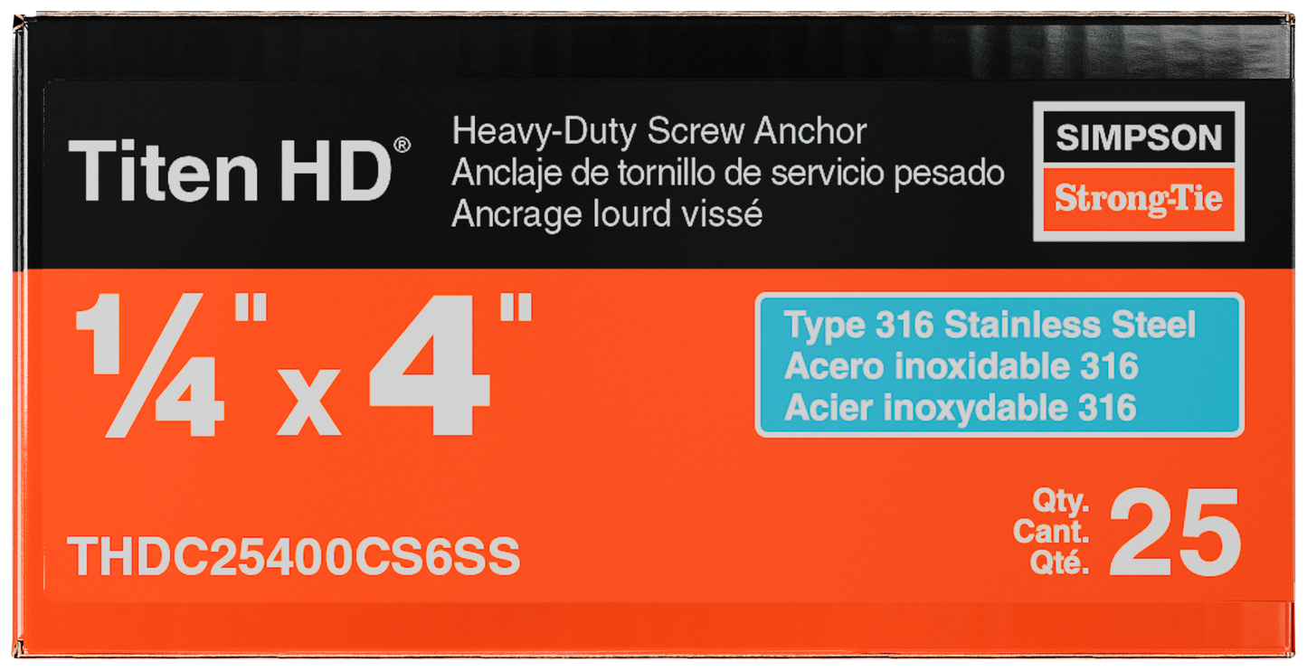 Simpson Strong-Tie THDC25400CS6SS Titen HD® 1/4 in. x 4 in. Type 316 SS Countersunk Head Heavy-Duty Screw Anchor (25-Qty)