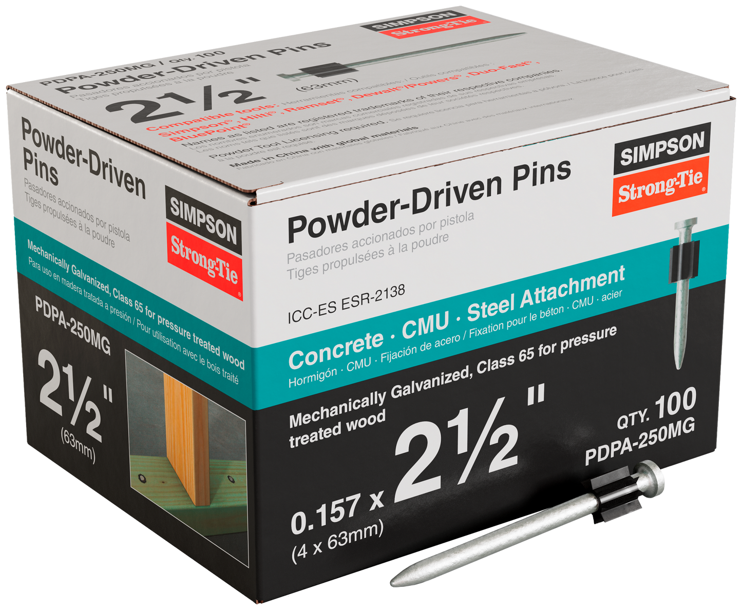 Simpson Strong-Tie PDPA-250MG PDPA .157 in. x 2-1/2 in. Mechanically Galvanized Powder-Actuated Pin (100-Qty) (Pack of 1050)