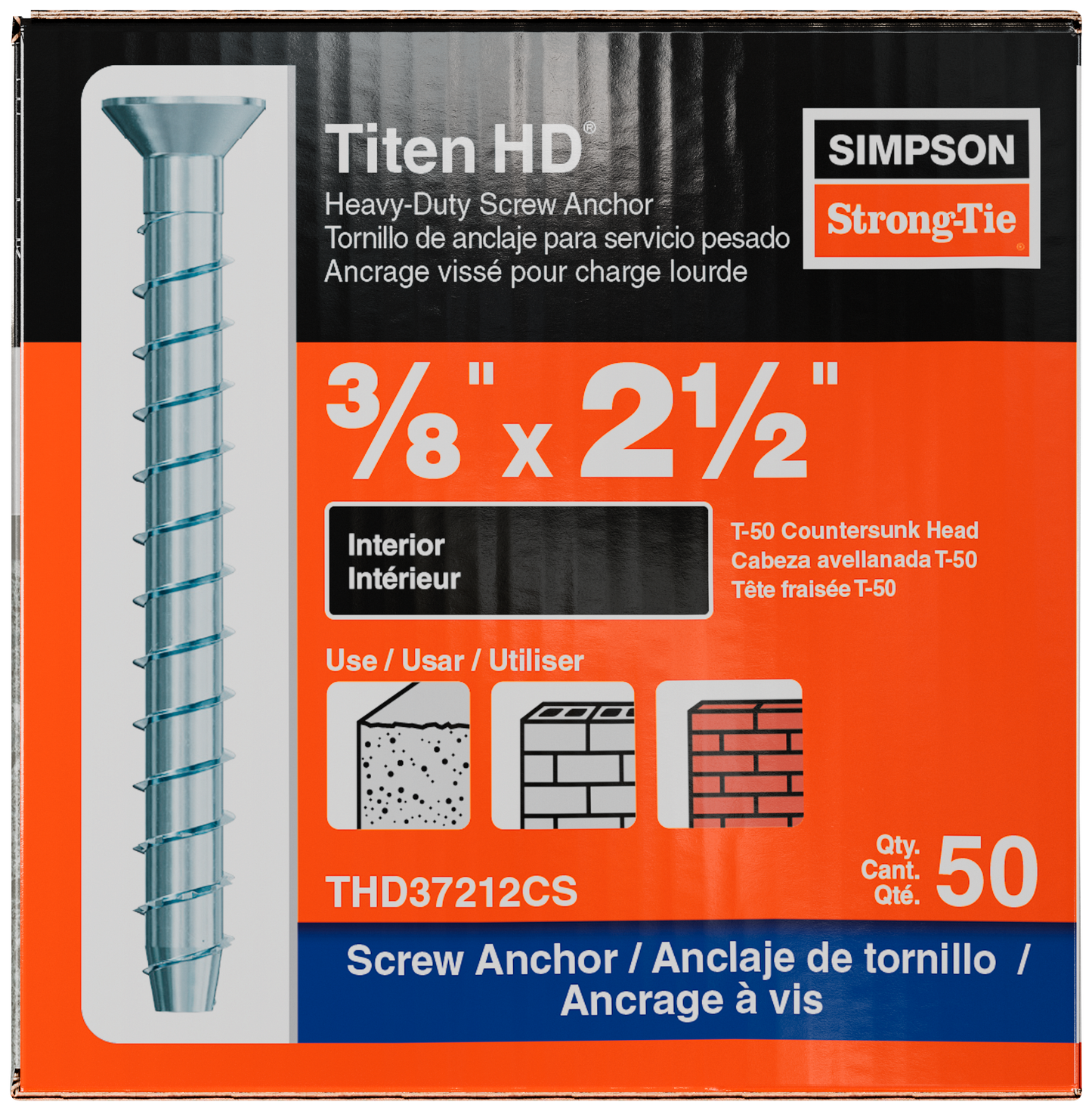 Simpson Strong-Tie THD37212CS Titen HD® 3/8 in. x 2-1/2 in. Zinc-Plated Countersunk Head Heavy-Duty Screw Anchor (50-Qty) (Pack of 4)