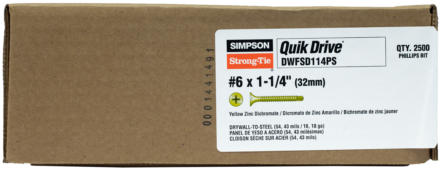 Simpson Strong-Tie DWFSD114PS DWFSD Drywall-to-CFS Screw (Collated) — #6 x 1-1/4 in. #2 Phillips, Yellow Zinc (2500-Qty) (Pack of 100)