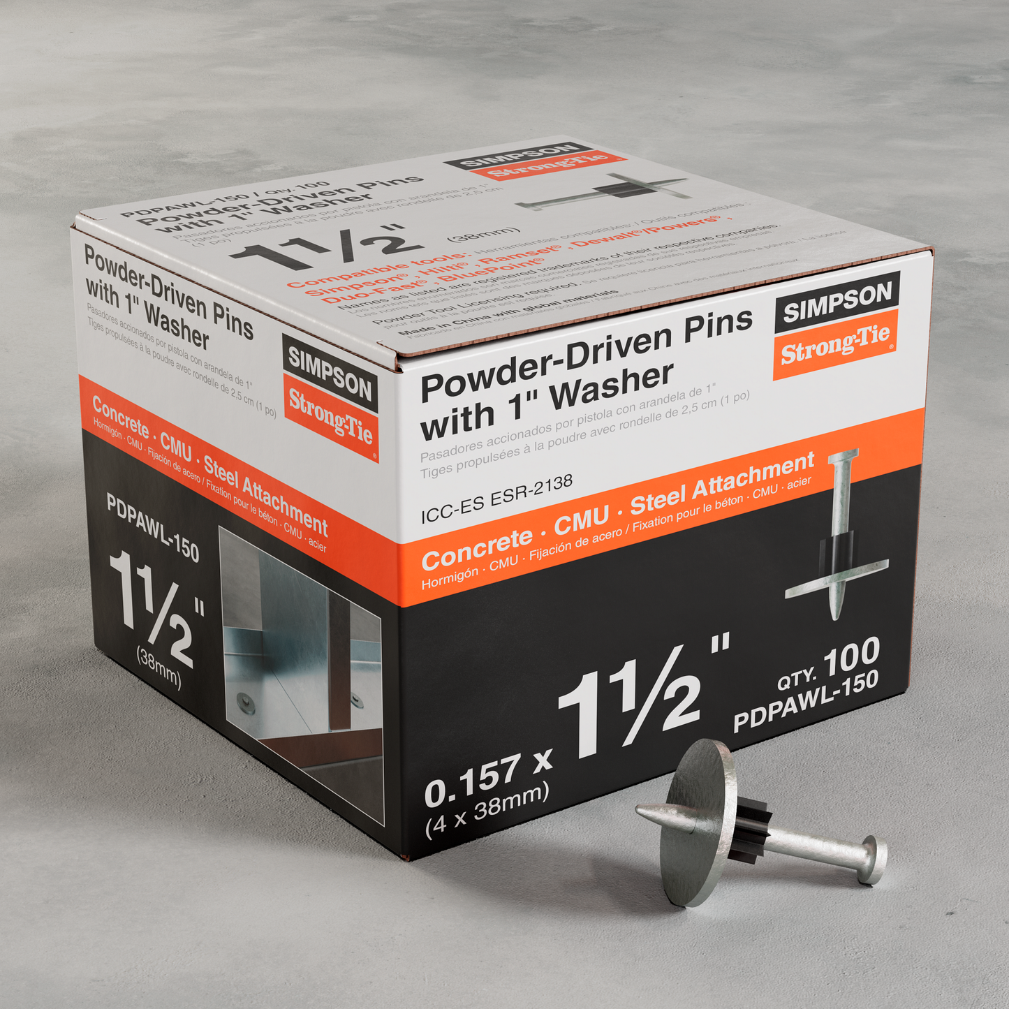 Simpson Strong-Tie PDPAWL-150 PDPAWL .157-in. x 1-1/2-in. Powder-Actuated Pin w/ 1-in. Washer (100-Qty) (Pack of 10)