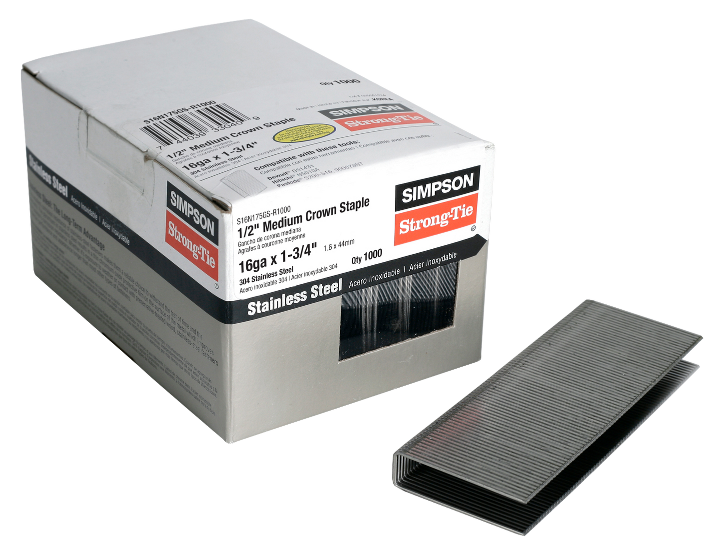 Simpson Strong-Tie S16N175GS-R1000 1/2-in. Crown, 16-Gauge Staples — 1-3/4 in. Type 304 Stainless Steel (1000-Qty) (Pack of 396)