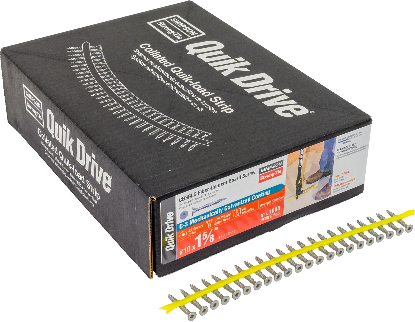Simpson Strong-Tie CB3BLG158S CB3BLG Fiber-Cement Board Screw (Collated) — #10 x 1-5/8 in. #3 SQU (1500-Qty)