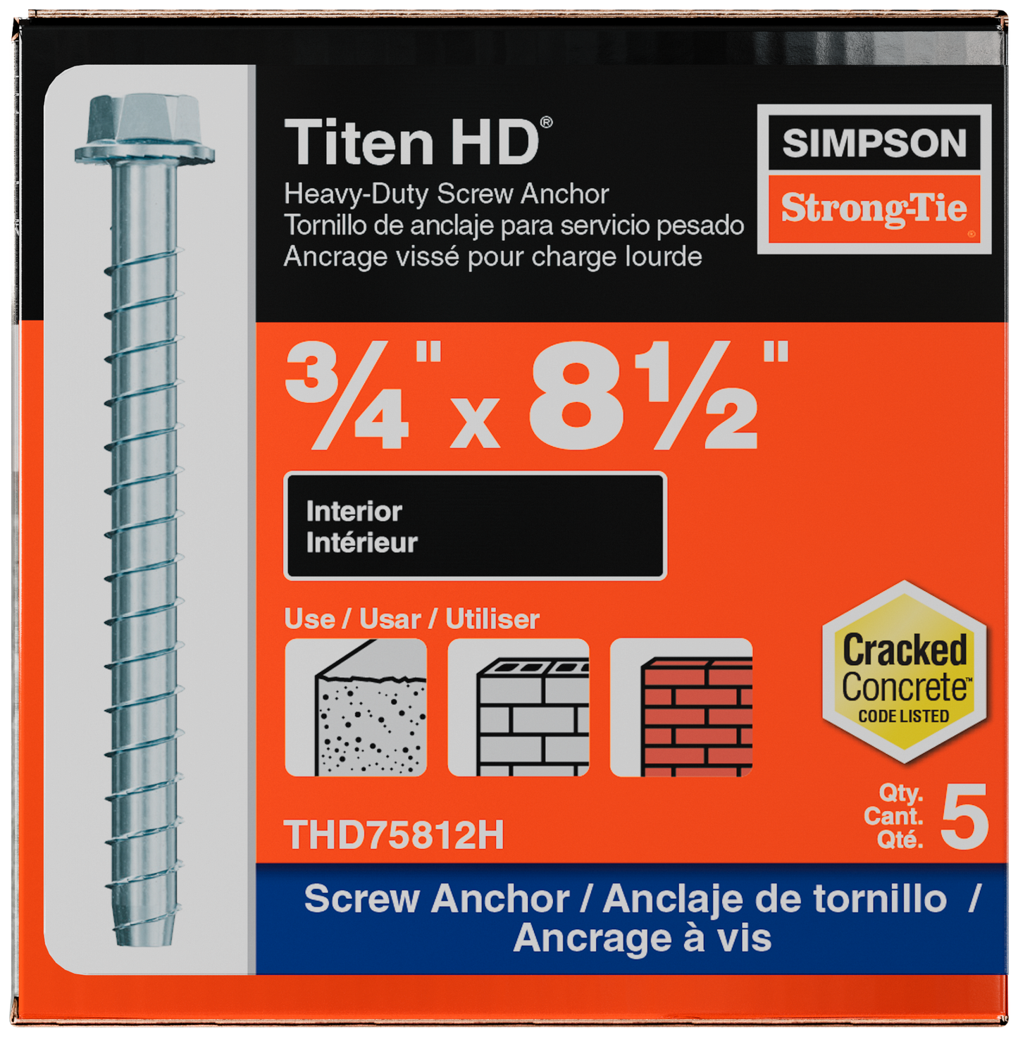 Simpson Strong-Tie THD75812H Titen HD® 3/4 in. x 8-1/2 in. Heavy-Duty Screw Anchor (5-Qty)