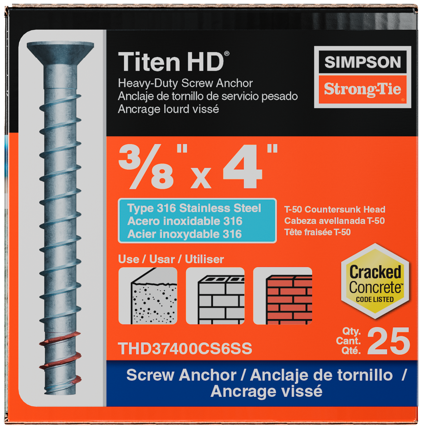 Simpson Strong-Tie THD37400CS6SS Titen HD® 3/8 in. x 4 in. Type 316 SS Countersunk Head Heavy-Duty Screw Anchor (25-Qty) (Pack of 5)