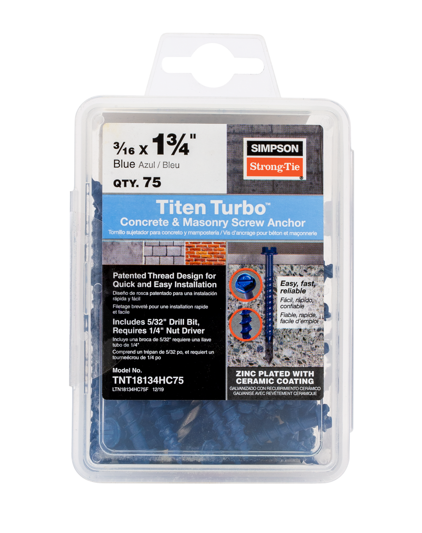 Simpson Strong-Tie TNT18134H Titen Turbo™ — 3/16 in. x 1-3/4 in. Hex-Head Concrete and Masonry Screw, Blue (100-Qty) (Pack of 5)