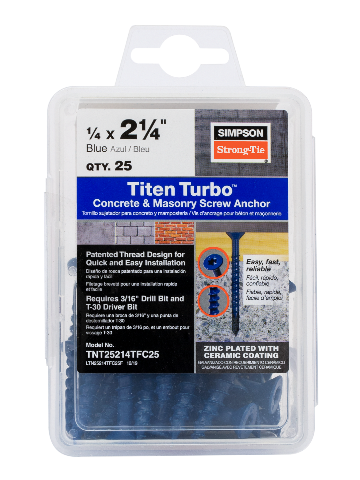 Simpson Strong-Tie TNT25214TF Titen Turbo™ — 1/4 in. x 2-1/4 in. 6-Lobe Flat-Head Concrete and Masonry Screw, Blue (100-Qty)