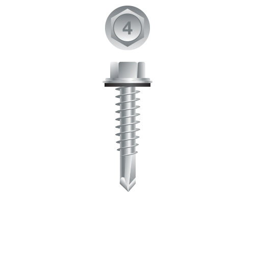 4HA1 - Strong-Point 410 Stainless Steel Unslotted Indented Hex Washer Lap Stitching #12 Head, Passivated & Waxed with 5/8 O.D. Bonded Washer, 14-14 x 7/8, #1 Point, Box of 2,500