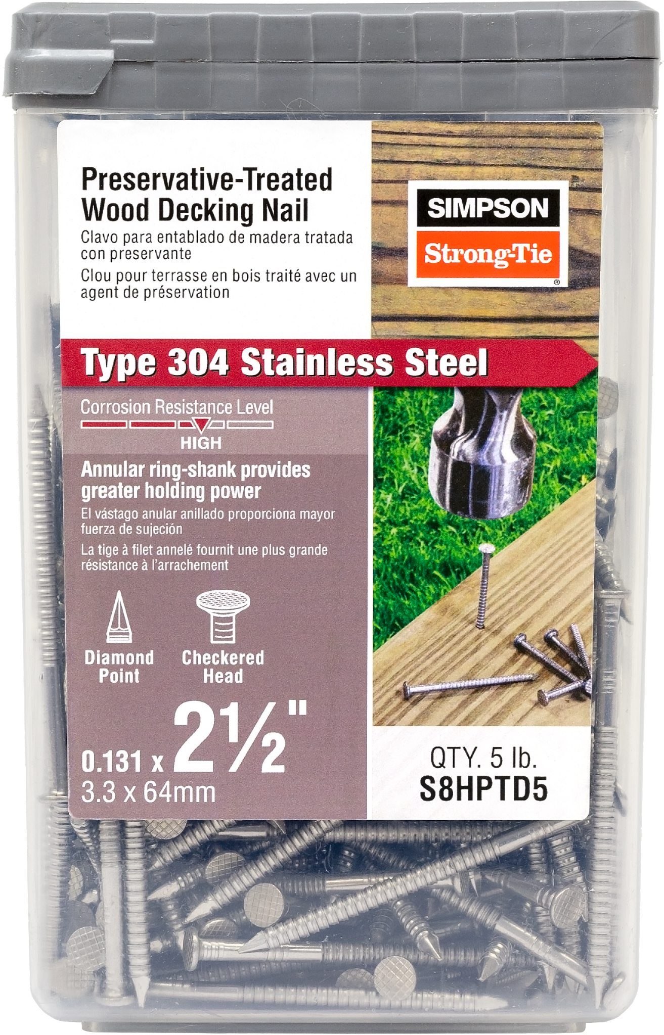 Simpson Strong-Tie S8HPTD5 Preservative-Treated Wood Decking Nail, Ring Shank — 2-1/2 in. x .131 in. Type 304 (5 lb.) (Pack of 300)