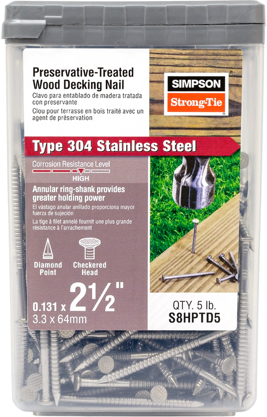 Simpson Strong-Tie S8HPTD5 Preservative-Treated Wood Decking Nail, Ring Shank — 2-1/2 in. x .131 in. Type 304 (5 lb.) (Pack of 300)