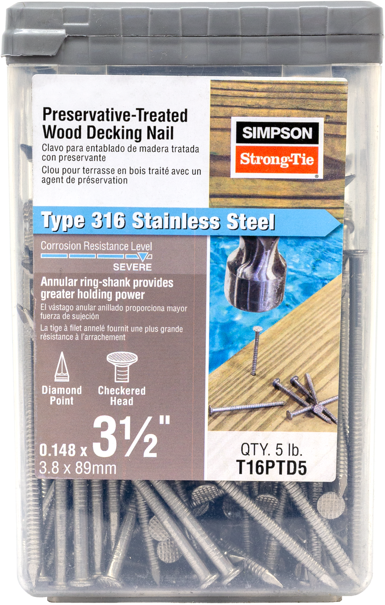 Simpson Strong-Tie T16PTD5 Preservative-Treated Wood Decking Nail, Ring Shank — 3-1/2 in. x .148 in. Type 316 (5 lb.)