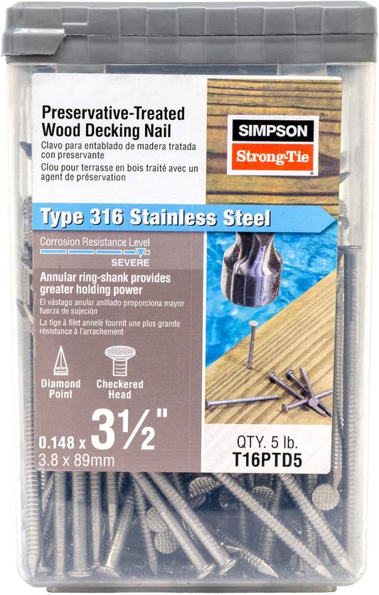 Simpson Strong-Tie T16PTD5 Preservative-Treated Wood Decking Nail, Ring Shank — 3-1/2 in. x .148 in. Type 316 (5 lb.)
