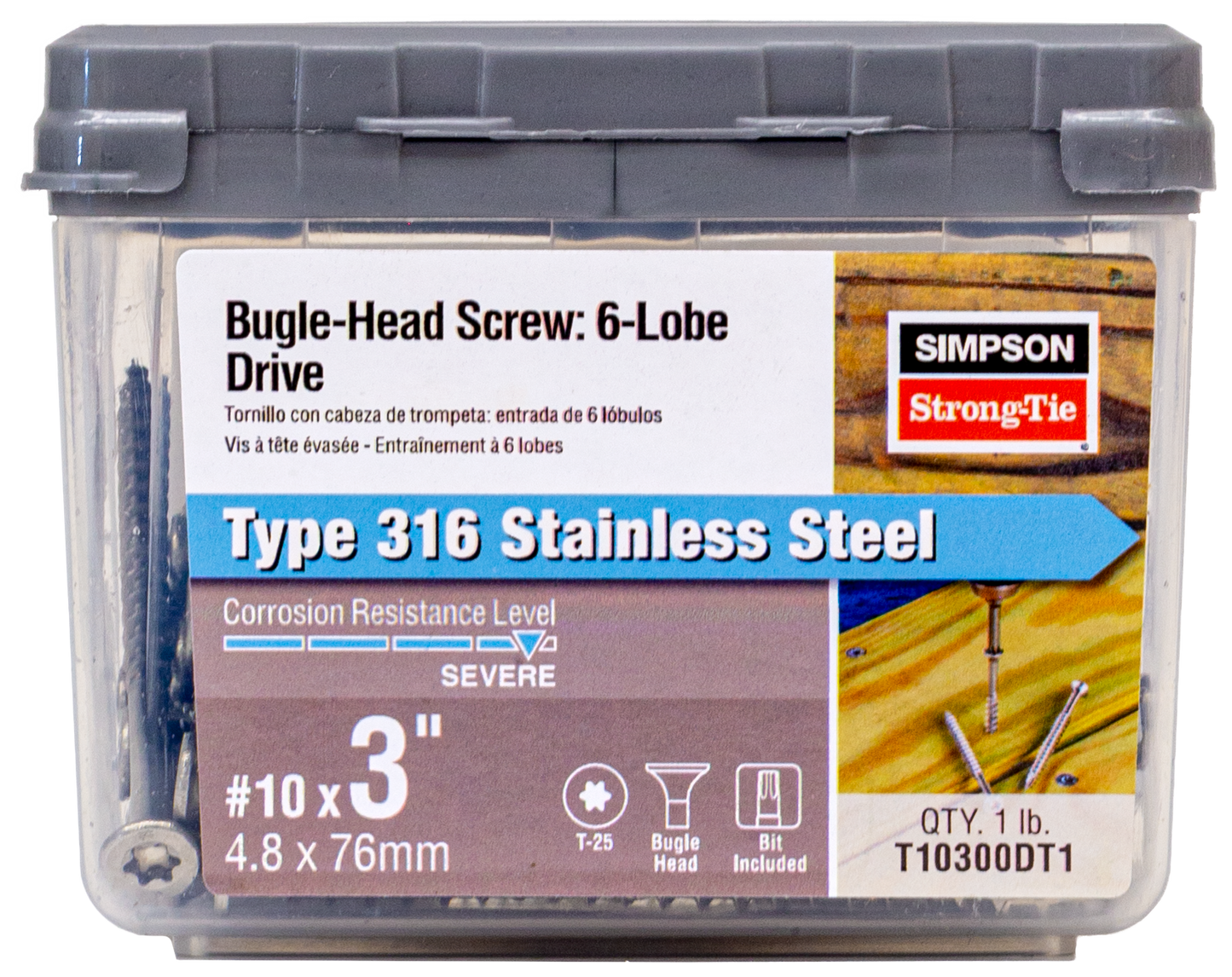 Simpson Strong-Tie T10300DT1 Bugle-Head Wood Screw, 6-Lobe Drive — #10 x 3-in. T25, Type 316 (1 lb.) (Pack of 800)
