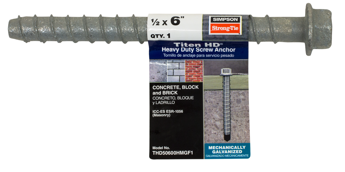 Simpson Strong-Tie THD50600HMGF1 Titen HD® 1/2 in. x 6 in. Mechanically Galvanized Heavy-Duty Screw Anchor (Pack of 20)