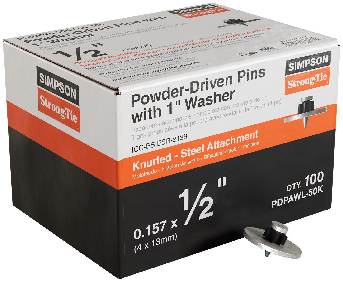 Simpson Strong-Tie PDPAWL-50K PDPAWL .157-in. x 1/2-in. Powder-Actuated Knurled Drive Pin w/ 1-in. Washer (100-Qty)