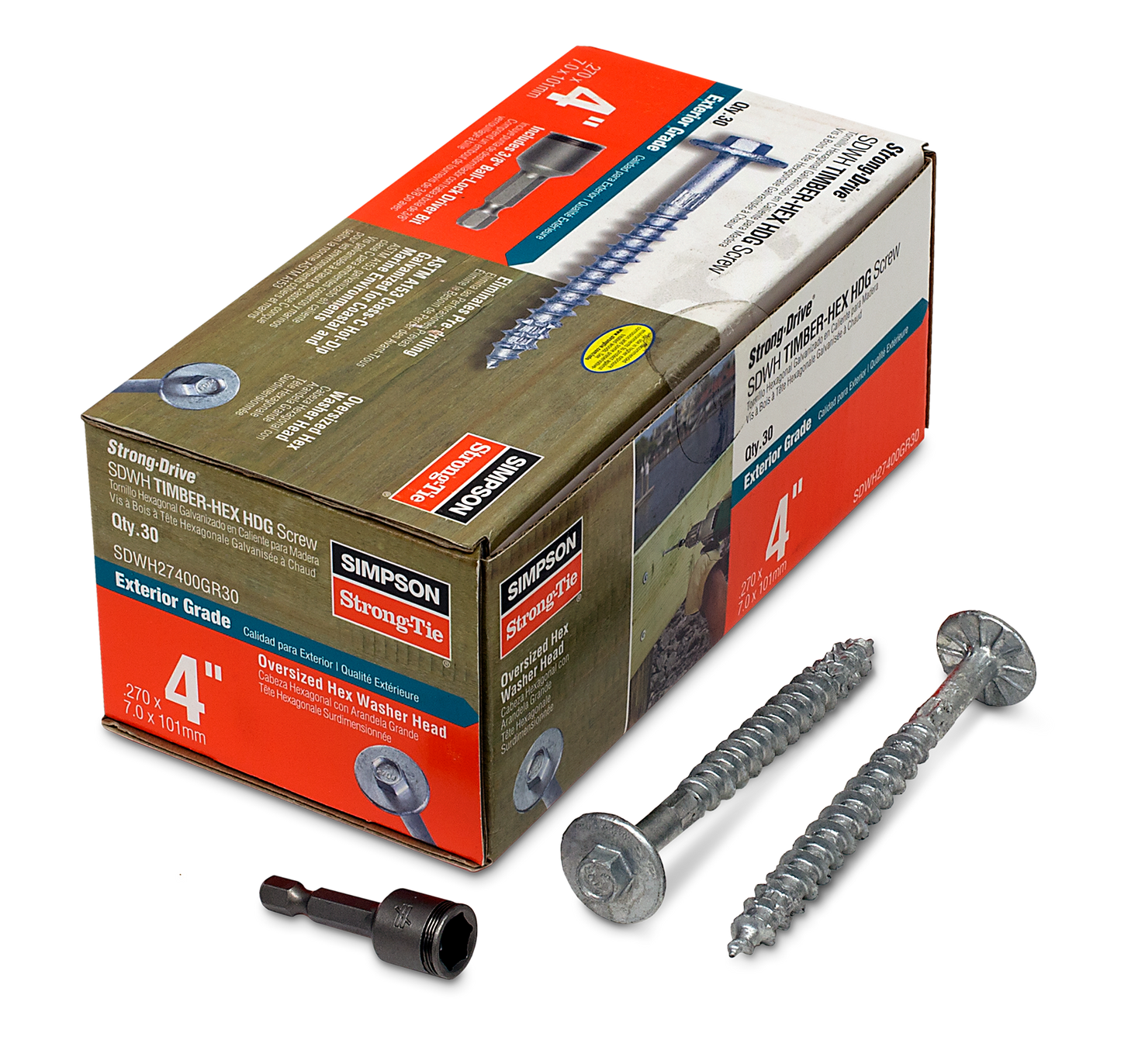 Simpson Strong-Tie SDWH27400GR30 Strong-Drive® SDWH™ TIMBER-HEX HDG Screw — 0.276 in. x 4 in. 3/8 Hex (30-Qty)