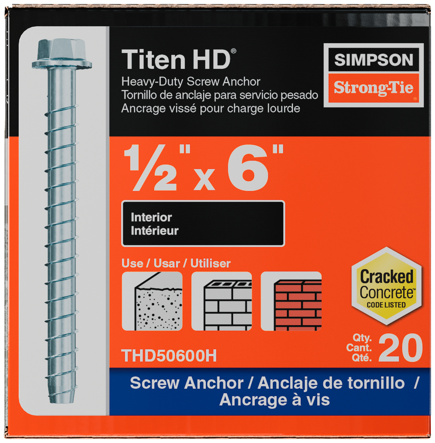 Simpson 1/2" x 6" Strong-Tie THD50600H Titen HD Screw Anchor, Zinc, Pkg 20