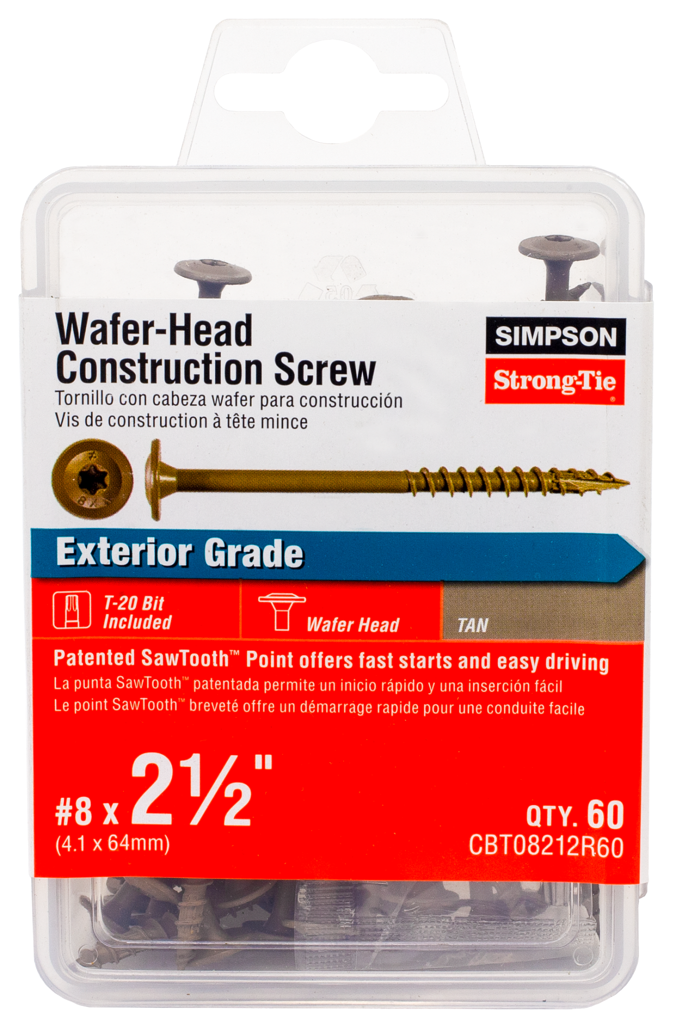 Simpson Strong-Tie CBT08212R60 Wafer-Head Construction Screw — #8 x 2-1/2 in. T20, Quik Guard®, Tan (60-Qty) (Pack of 5)