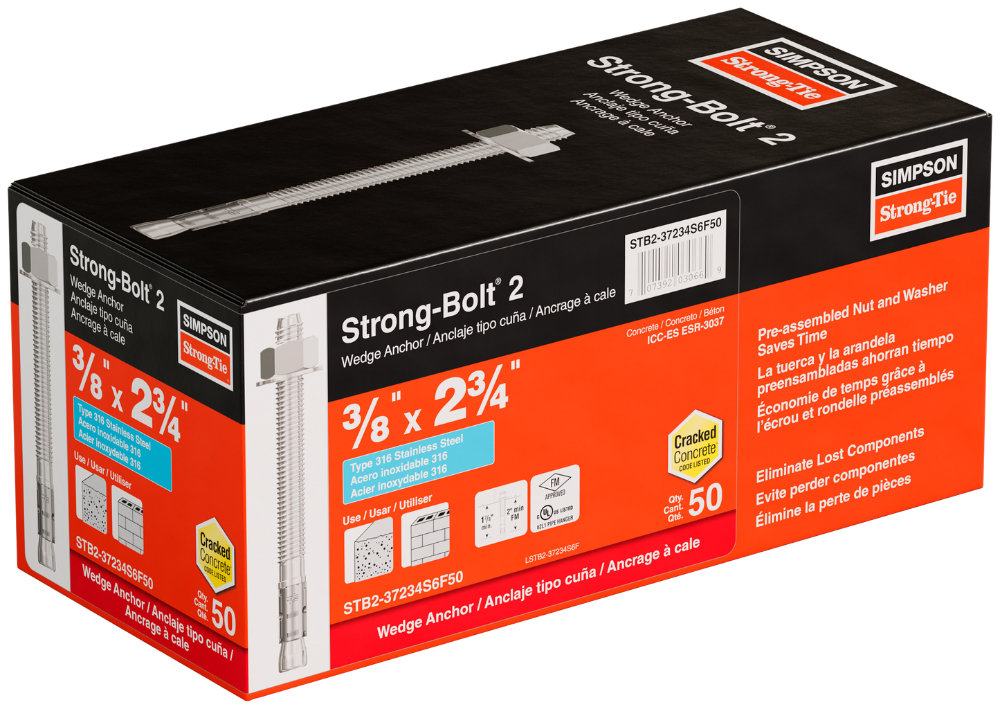 Simpson Strong-Tie STB2-37234S6F50 Strong-Bolt® 2 — 3/8 in. x 2-3/4 in. Type 316 Stainless-Steel Wedge Anchor, Fully Assembled (50-Qty)
