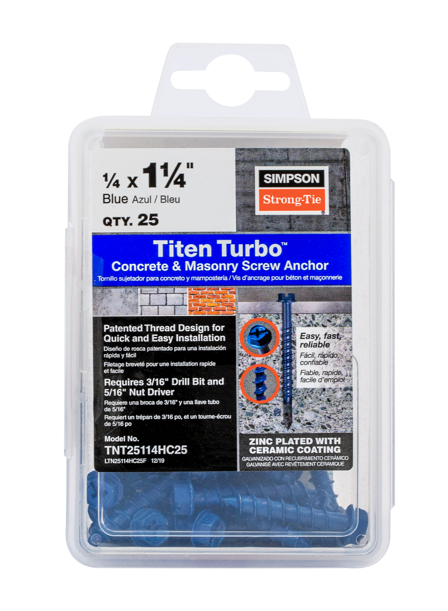 Simpson Strong-Tie TNT25114H Titen Turbo™ — 1/4 in. x 1-1/4 in. Hex-Head Concrete and Masonry Screw, Blue (100-Qty)
