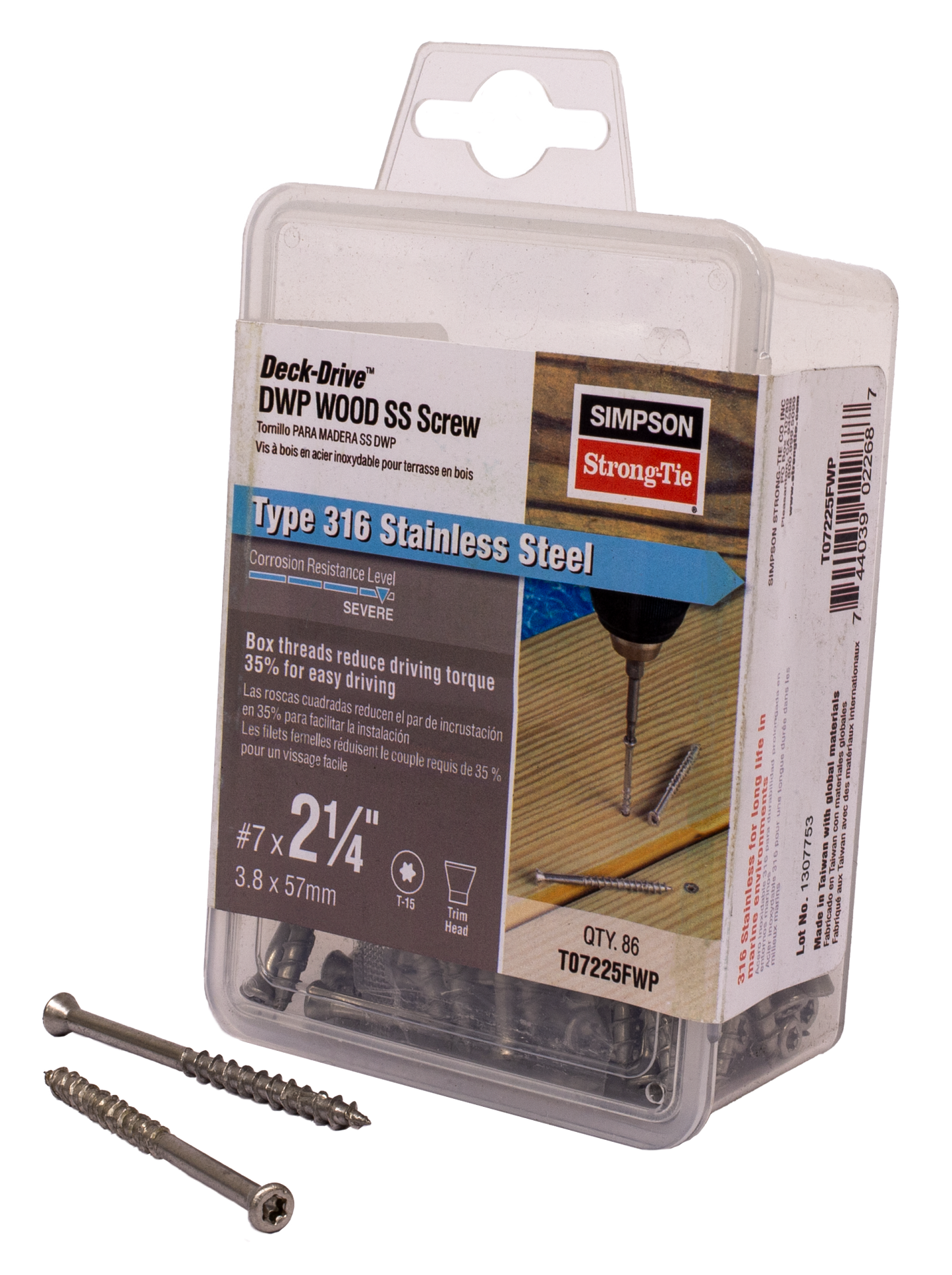 Simpson Strong-Tie T07225FWP Deck-Drive™ DWP WOOD SS Screw — #7 x 2-1/4 in. T-15, Trim Head, Type 316 (86-Qty) (Pack of 5)