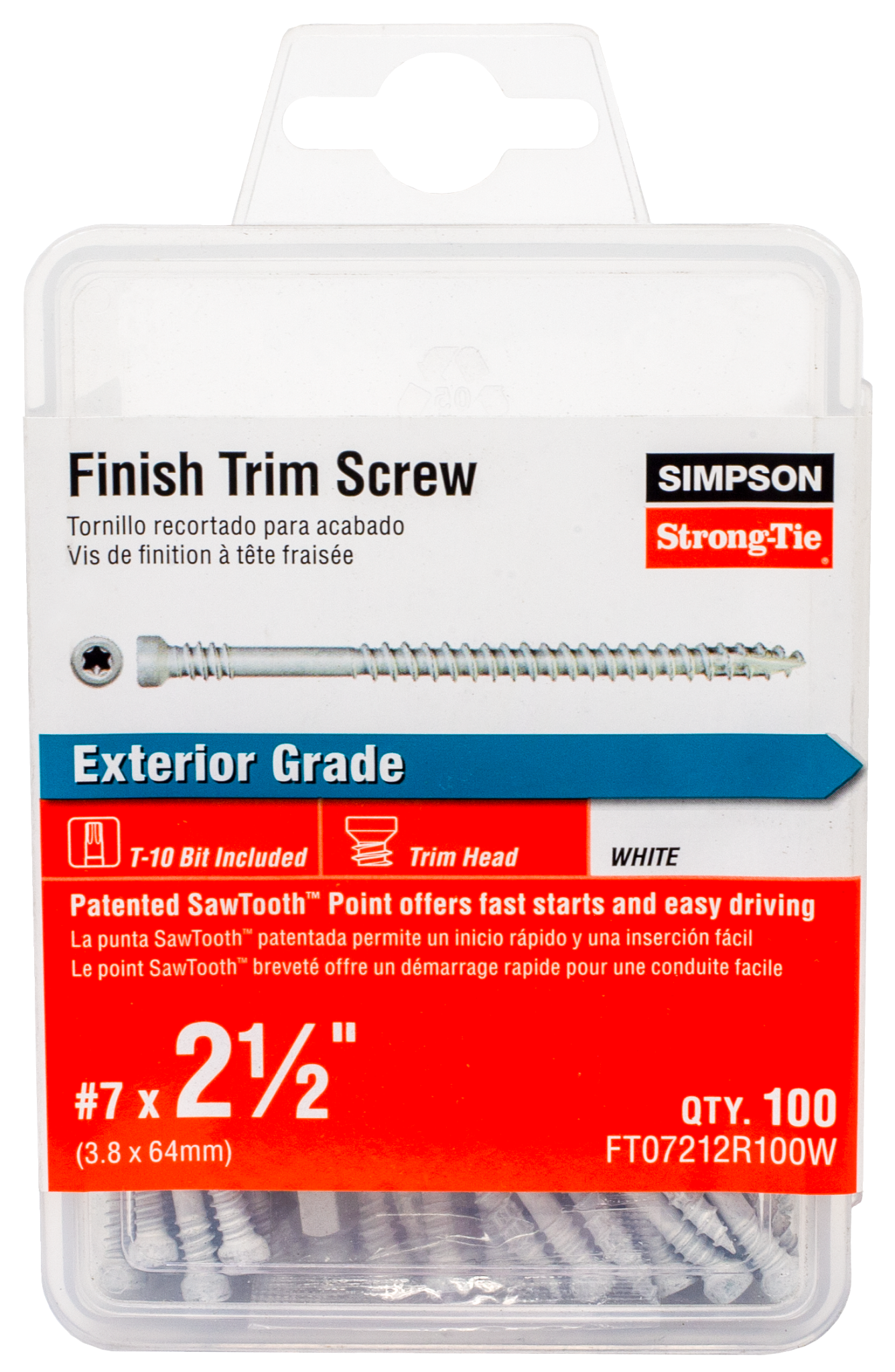 Simpson Strong-Tie FT07212R100W Finish Trim Screw — #7 x 2-1/2 in. T10, Trim-Head, Quik Guard®, White (100-Qty)